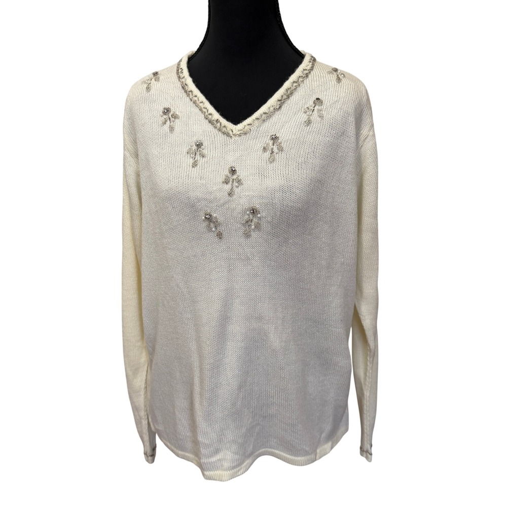 Haband Cream V Neck Beaded Embellished Long Sleeve Sweater Women Sz M Grannycore